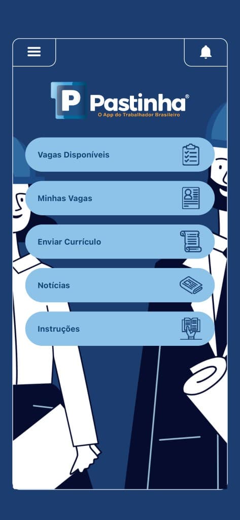 Tela inicial do app Pastinha com o menu lateral no canto superior esquerdo