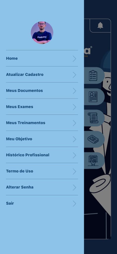 Menu lateral do app Pastinha com a opção Atualizar Cadastro