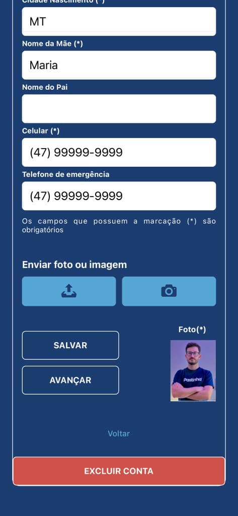 Tela Atualizar Cadastro do app Pastinha com o botão Excluir Conta no final